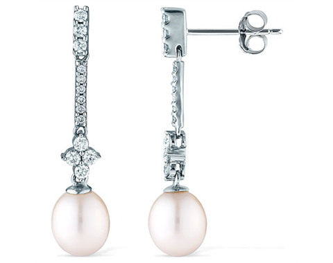 Pair of Ladies 14k White Gold Fresh Water Pearl and Diamond Earrings