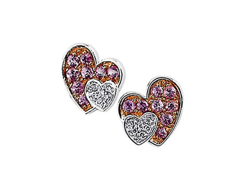 14k White Gold Genuine Pink Sapphire & Diamond Heart Earrings