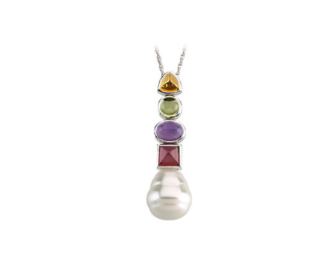 14k White Gold Multi-Gemstone and Pearl Drop Pendant