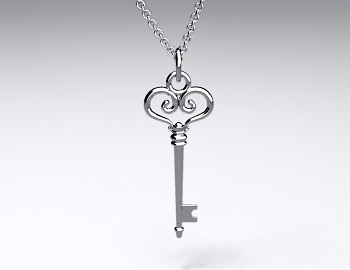 18k White Gold Heart Scroll Key Pendant (Large)